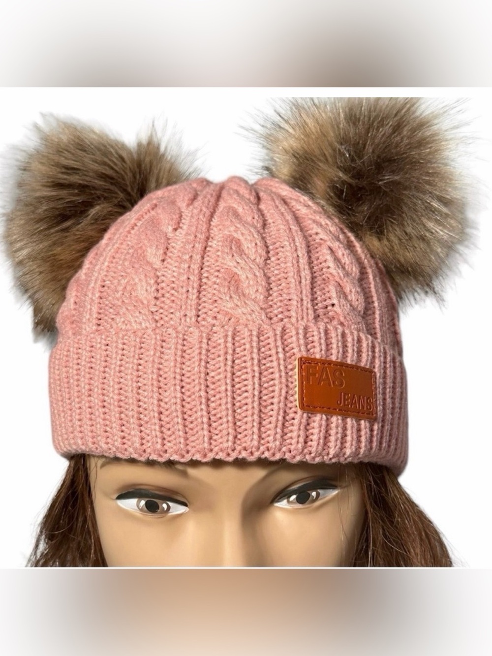 FAS Jeans Beanie OS Dusty Rose Double Pom Cable Knit Wool